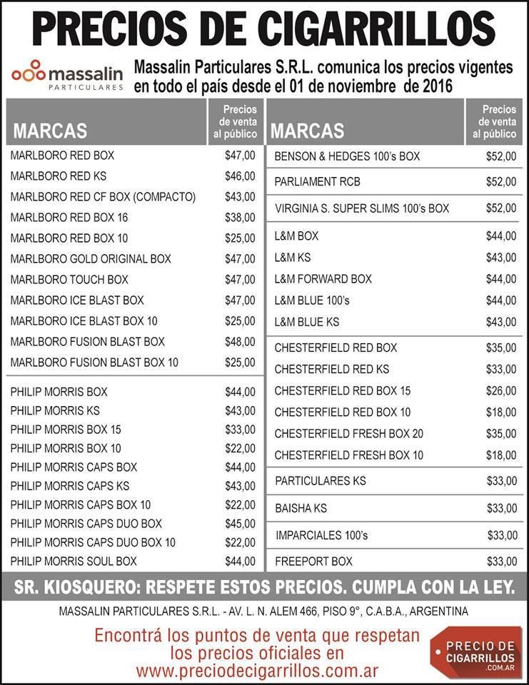 Lista de precios de cigarrillos Massalin Particulares 1 de noviembre